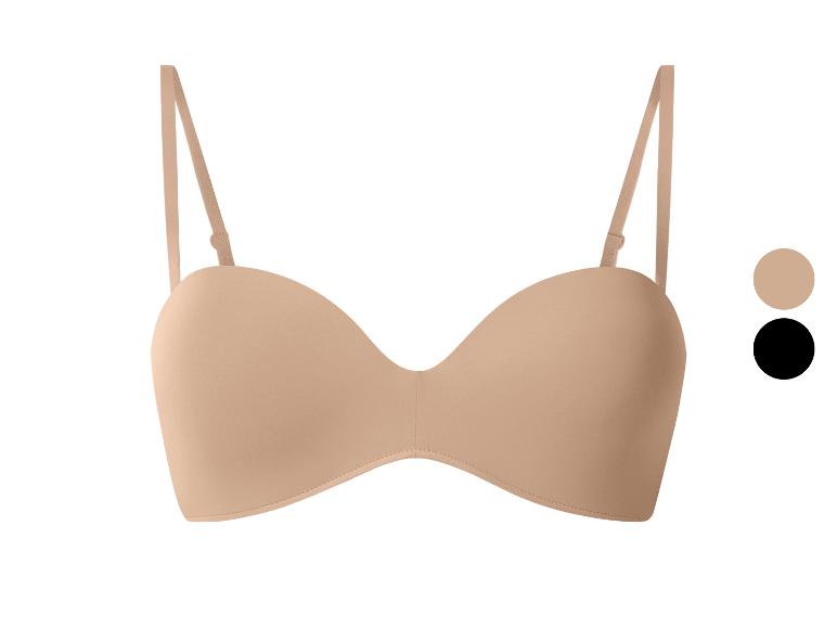 Soutien-gorge bandeau couleur chair avec bretelles amovibles, avec échantillons de couleurs beige et noir.