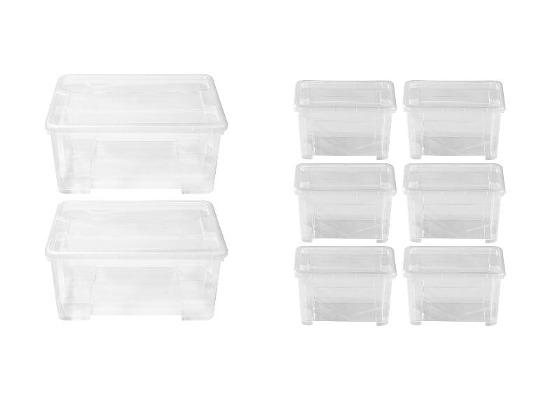 Set transparante plastic opbergdozen met deksels, ideaal voor het organiseren.