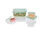 Transparante bewaardozen met salade, wortels en watermeloen.