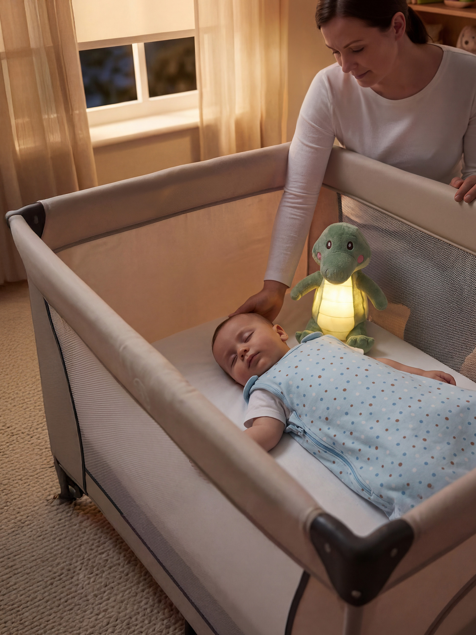 Maman veillant sur bébé endormi dans un lit de voyage, avec une veilleuse en forme de dinosaure.
