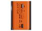 Haut-parleur portable orange avec USB, fente pour carte TF, commandes de volume et interrupteur.