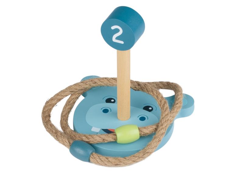 Un jeu de lancer d'anneaux en bois pour enfants, sur le thème de l'hippopotame.