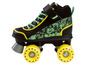 Patins à roulettes noirs avec des accents verts et jaunes.