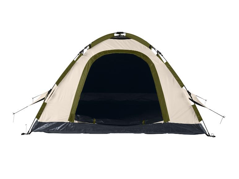 Tente de camping beige et verte, ouverte.