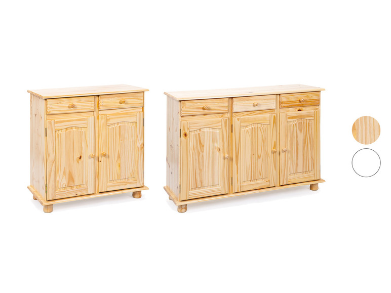 Twee houten dressoirs met laden en deuren.