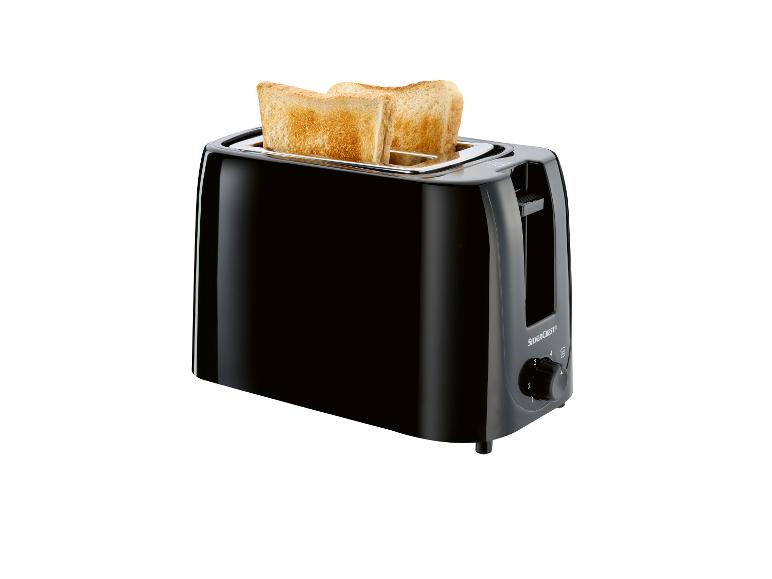 Een zwarte broodrooster van SilverCrest met twee geroosterde toastjes.