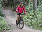 Een vrouw fietst op een mountainbike door een bos.