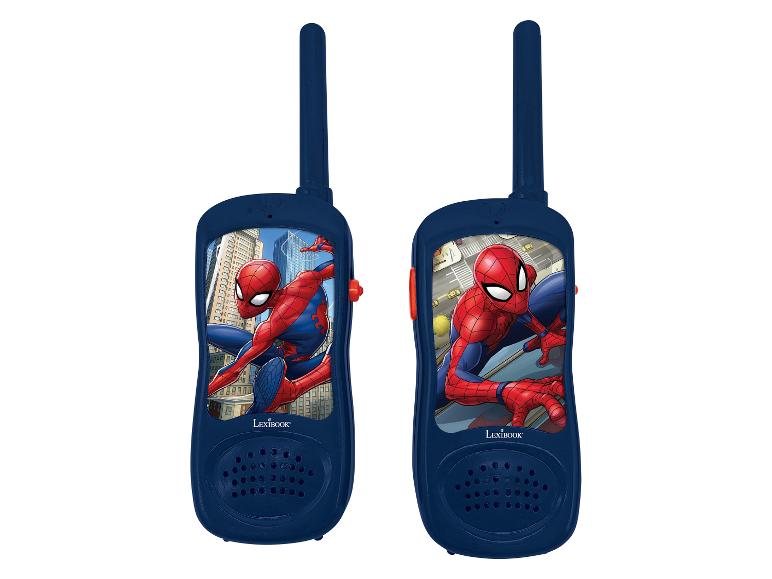 Deux talkies-walkies bleus avec des graphiques Spiderman et un fond de scène urbaine.