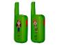 Twee groene speelgoed walkie-talkies met kindertekeningen