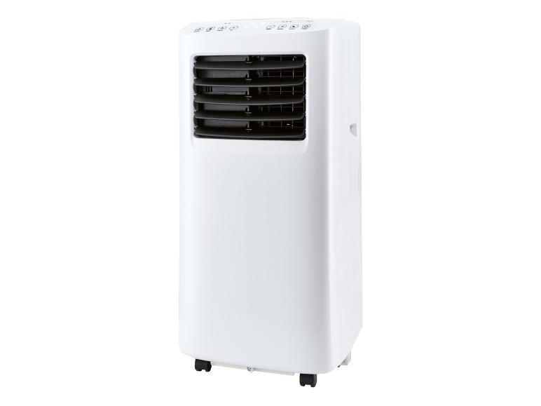 Witte draagbare airconditioner met zwarte lamellen en bedieningspaneel