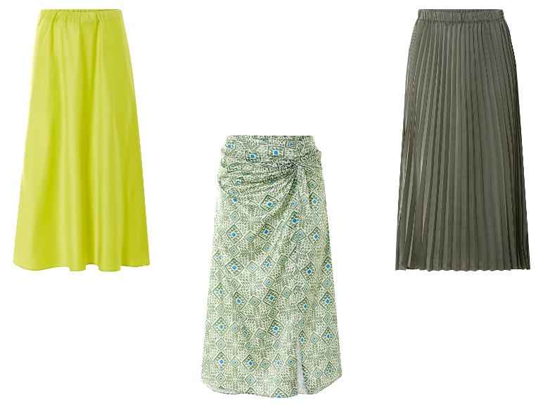 Trois jupes : unie vert clair, plissée vert olive, et imprimé géométrique vert et bleu.