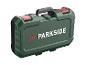 Een donkergroene gereedschapskist met het Parkside-logo en rode accenten.