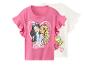Twee roze en witte Barbie meisjes T-shirts met ruchesmouwen en Barbie-opdruk.