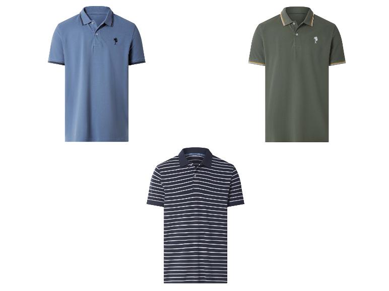 Trois polos pour hommes : bleu, vert olive et rayé marine.