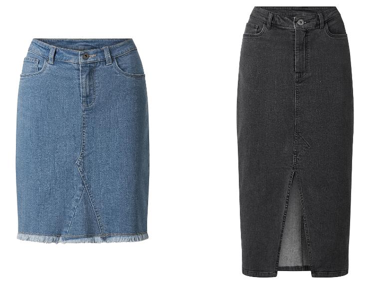 Deux jupes en jean, une bleue et une noire, sont présentées sur fond blanc.
