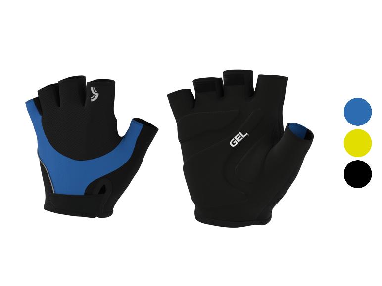 Een paar zwarte fietshandschoenen met blauwe accenten en de tekst 'GEL' op de handpalm.