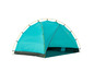 Une tente de camping bleue avec des poteaux jaunes.