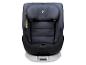 Siège auto gris foncé avec assise noire et base blanche, avec étiquette d'avertissement.