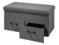 Banc de rangement gris avec deux tiroirs, un ouvert.