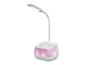 Lampe de bureau blanche avec support de téléphone rose.