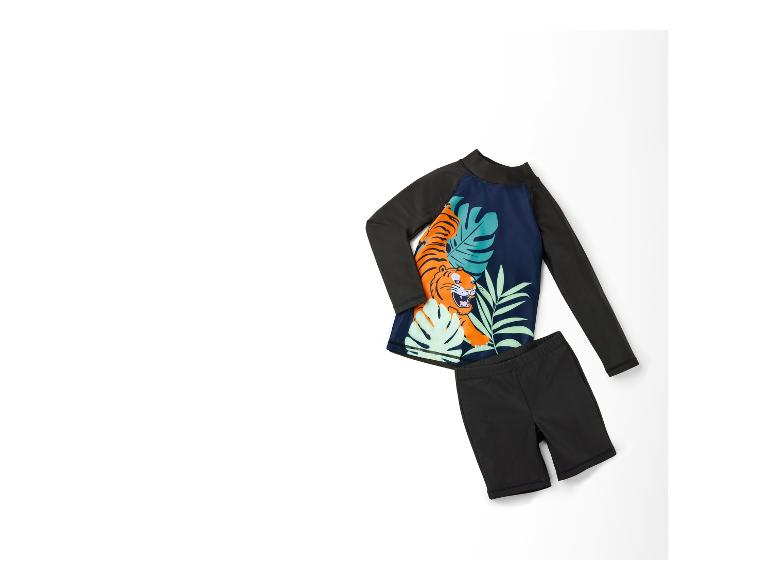 Kinder zwemkleding:  lang mouw shirt met tijgerprint en zwarte zwembroek.