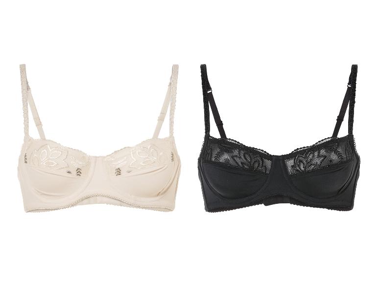 Deux soutiens-gorge, l'un noir et l'autre beige, avec une dentelle florale.