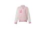 Roze en wit baseballjack met een geborduurde letter B en een strik.