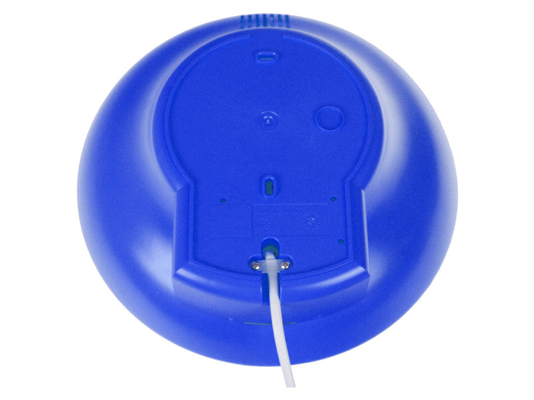 L'arrière d'un haut-parleur Google Home Mini bleu avec un cordon blanc.