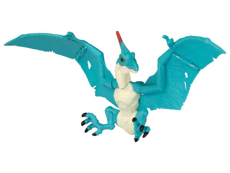 Une figurine de jouet en plastique bleu de Pterodactyle avec des ailes déployées.
