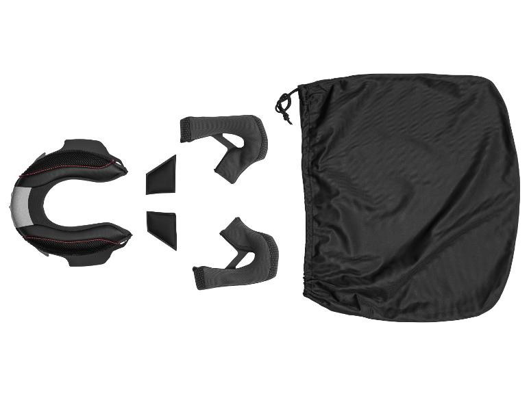 Rembourrage de casque noir et sac de casque noir sur fond blanc.