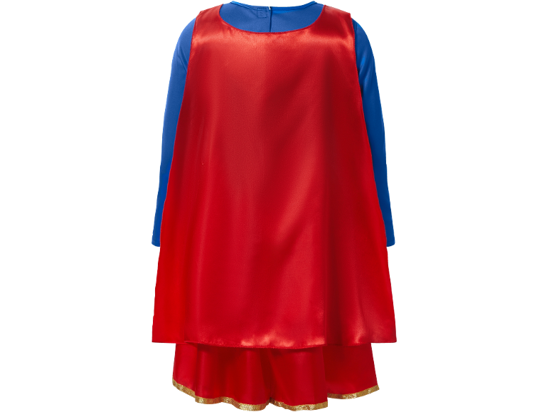 Rood en blauw superheldenkostuum met cape en gouden bies