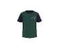 Groen T-shirt met blauwe mouwen, met het nummer 98 en een voetbal.