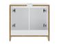 Meuble de salle de bain blanc avec portes ouvertes et charnières métalliques