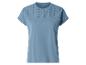 T-shirt bleu à manches courtes pour femme avec détails brodés ajourés aux épaules.