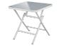Petite table pliante blanche avec plateau gris.
