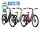 Vier moderne elektrische fietsen in zwart, beige en roze, met kwaliteitskeurmerken.