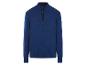 Un pull en laine bleu avec une fermeture éclair et un petit logo.