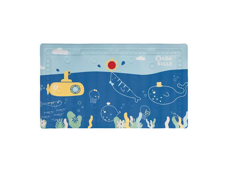 Tapis de bain avec des animaux marins, y compris un sous-marin jaune et une baleine bleue de Bada Bulle.