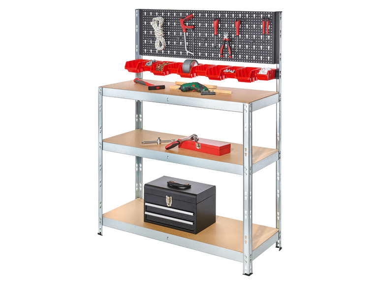 Un établi avec des outils, une boîte à outils et des bacs de rangement.