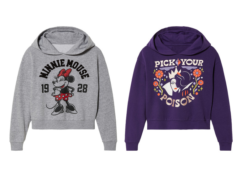Deux sweats à capuche Disney, l'un avec Minnie Mouse et l'autre avec la Méchante Reine.