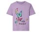 T-shirt lilas avec imprimé papillons colorés et texte 'hello beautiful'.