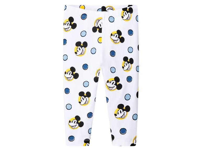 Witte leggings met cartoonmuizengezichten en blauwe stippen.