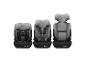 Trois sièges auto pour enfants gris et noirs, présentant différentes configurations.