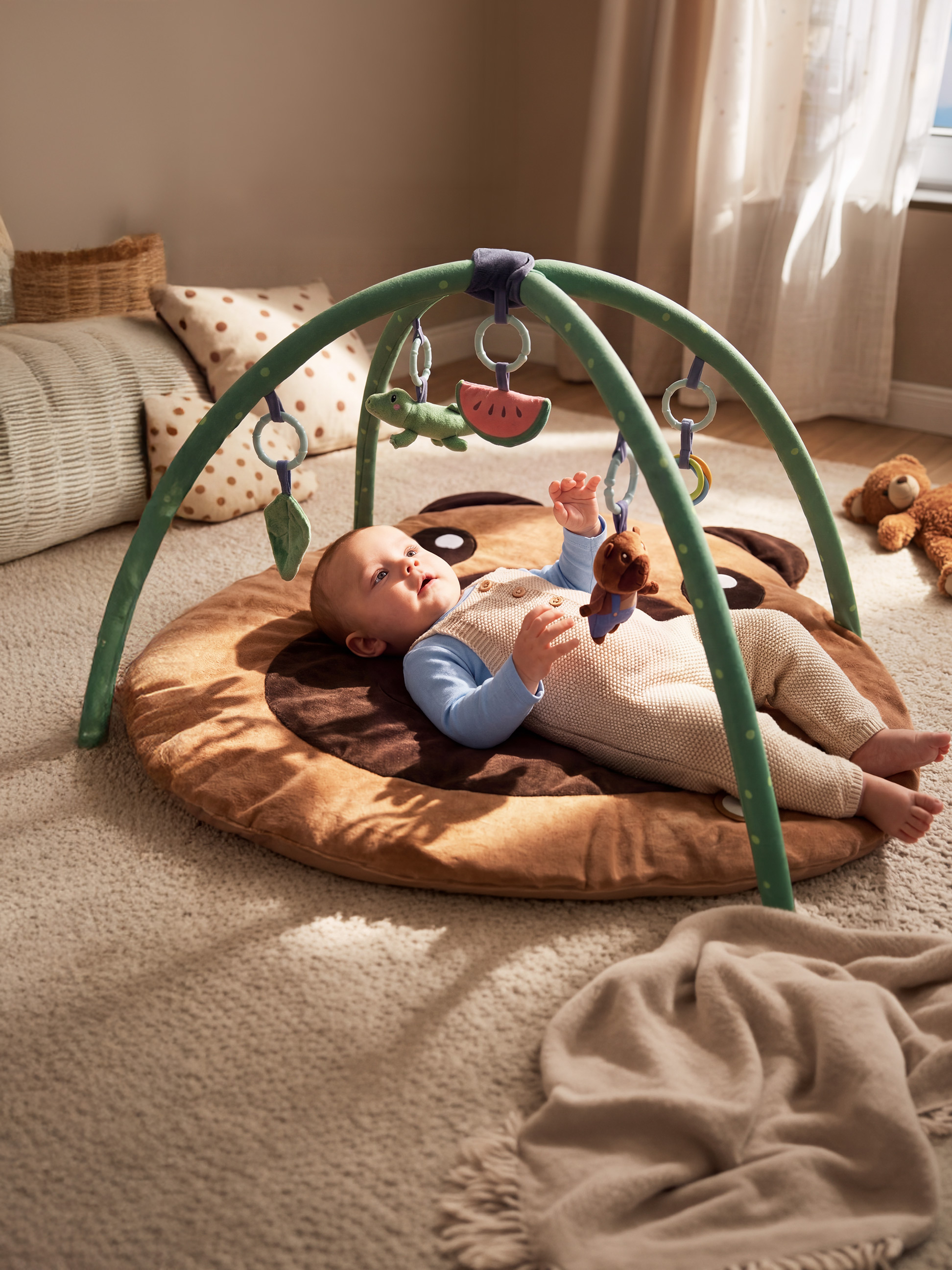 Baby op een speelmat met hangend speelgoed in een lichte kamer.