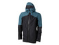 Een zwarte regenjas met capuchon en blauwe details.