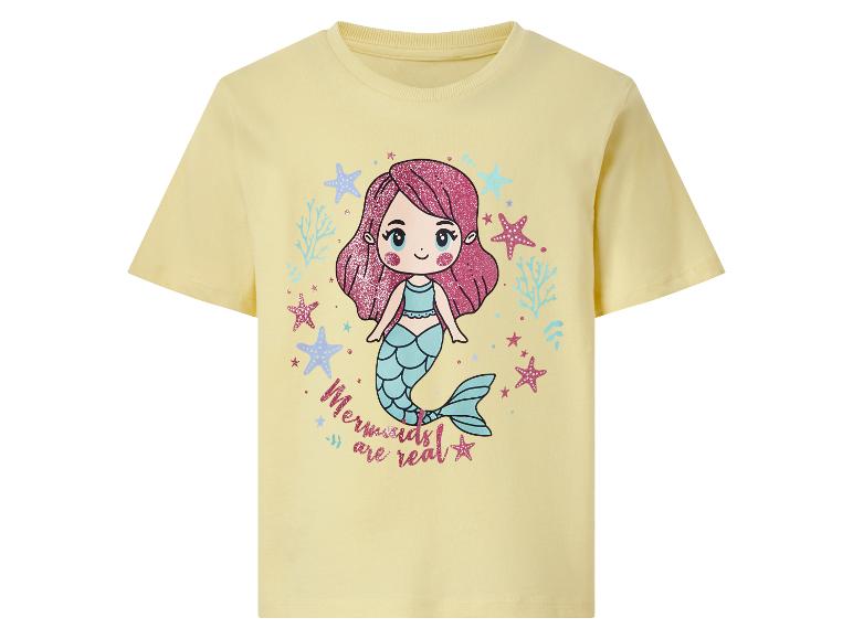 T-shirt jaune à manches courtes avec une sirène et le slogan 'Mermaids are real'.