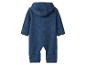 Blauwe wollen baby romper met capuchon en berenoren.