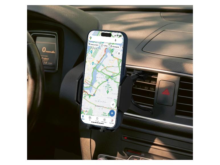 Support de téléphone de voiture avec un téléphone affichant une carte de navigation.