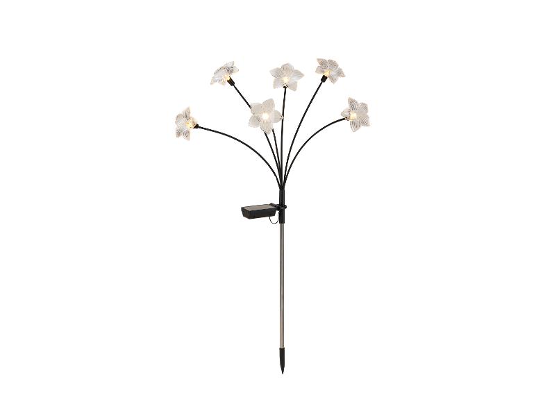 Lampes solaires de jardin en forme de fleur, avec six fleurs illuminées et un panneau solaire.