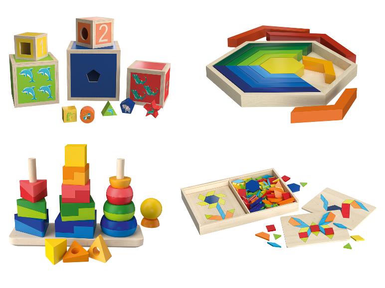 Jouets en bois pour enfants : blocs à empiler, puzzles de formes et anneaux à empiler.